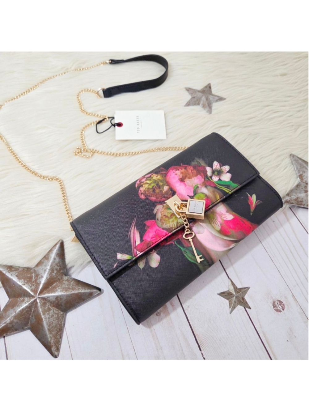 Ted Baker Cyra Clutch black rainbow floral lock and key crossbody chain new NWT